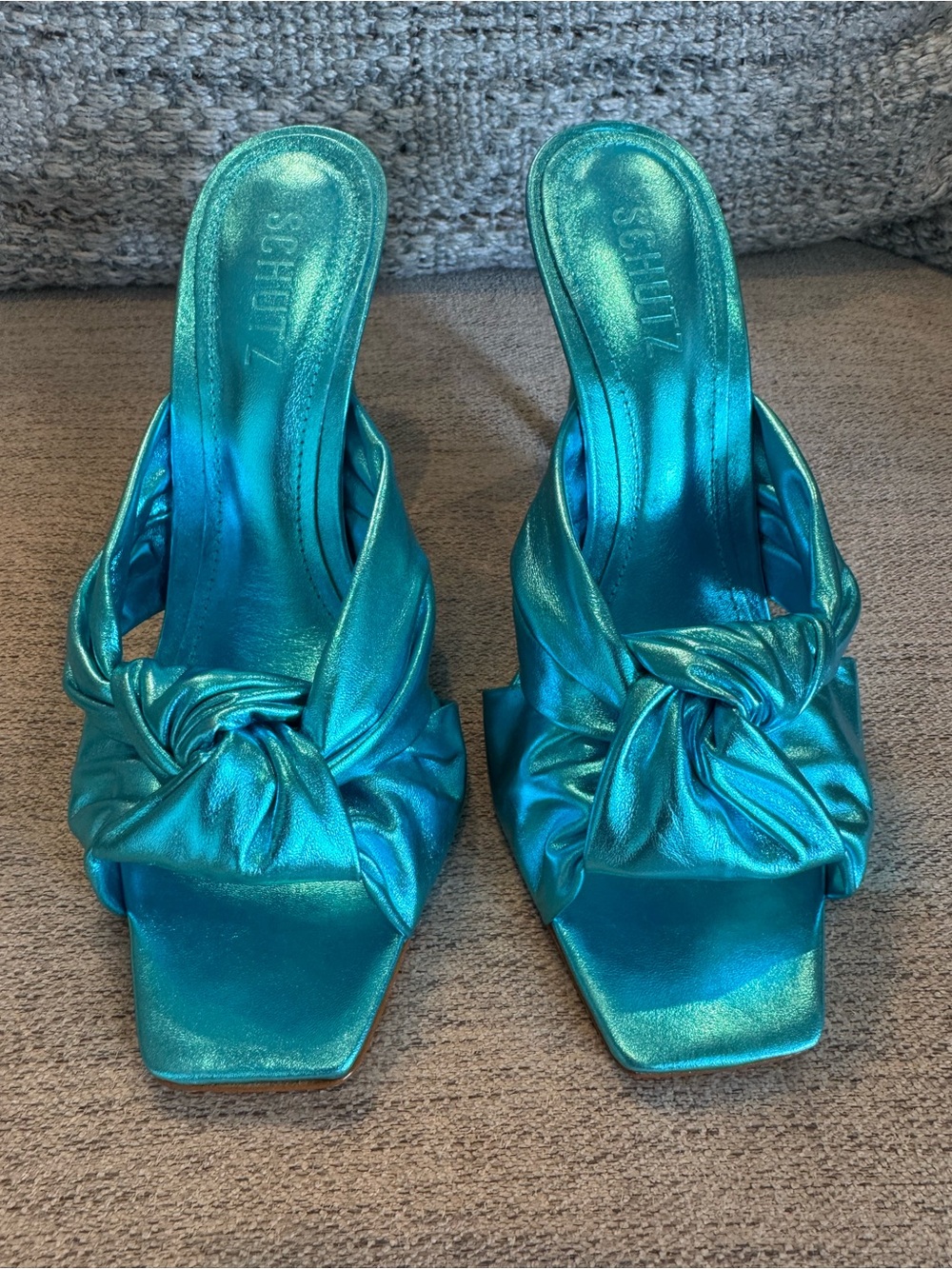 SCHUTZ Metallic Teal Knot-Front Mule Heels - Picture 2 of 4